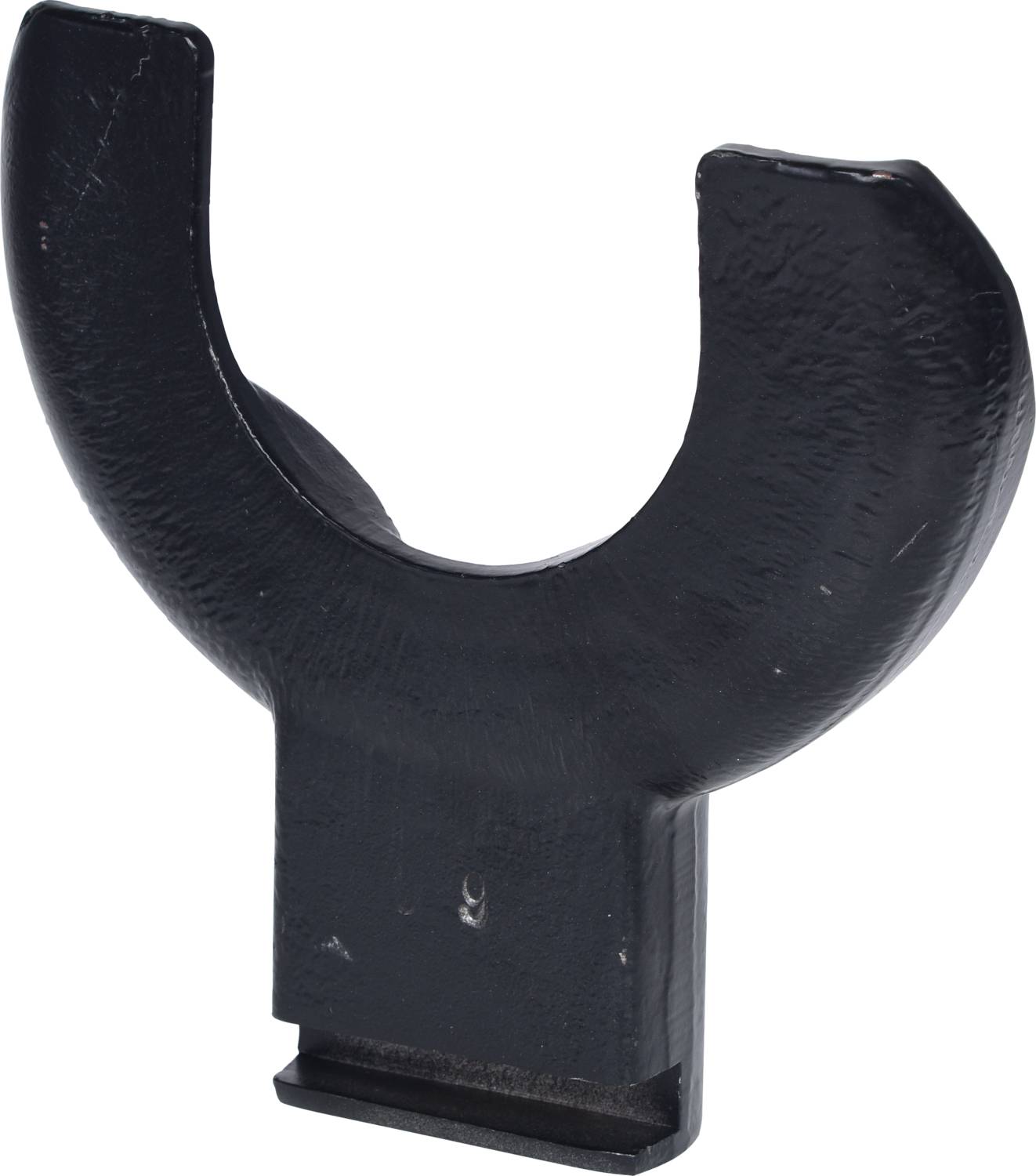 Czarny, zakrzywiony hak z płaską podstawą, prawdopodobnie do trzymania lub mocowania przedmiotu.