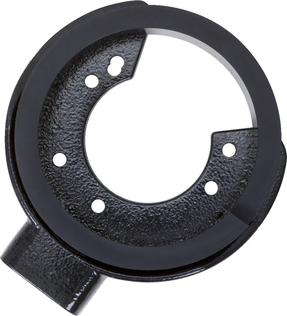 Okrągła czarna metalowa część z wieloma otworami, wystającym odcinkiem, prawdopodobnie element składowy jakiejś maszyny.