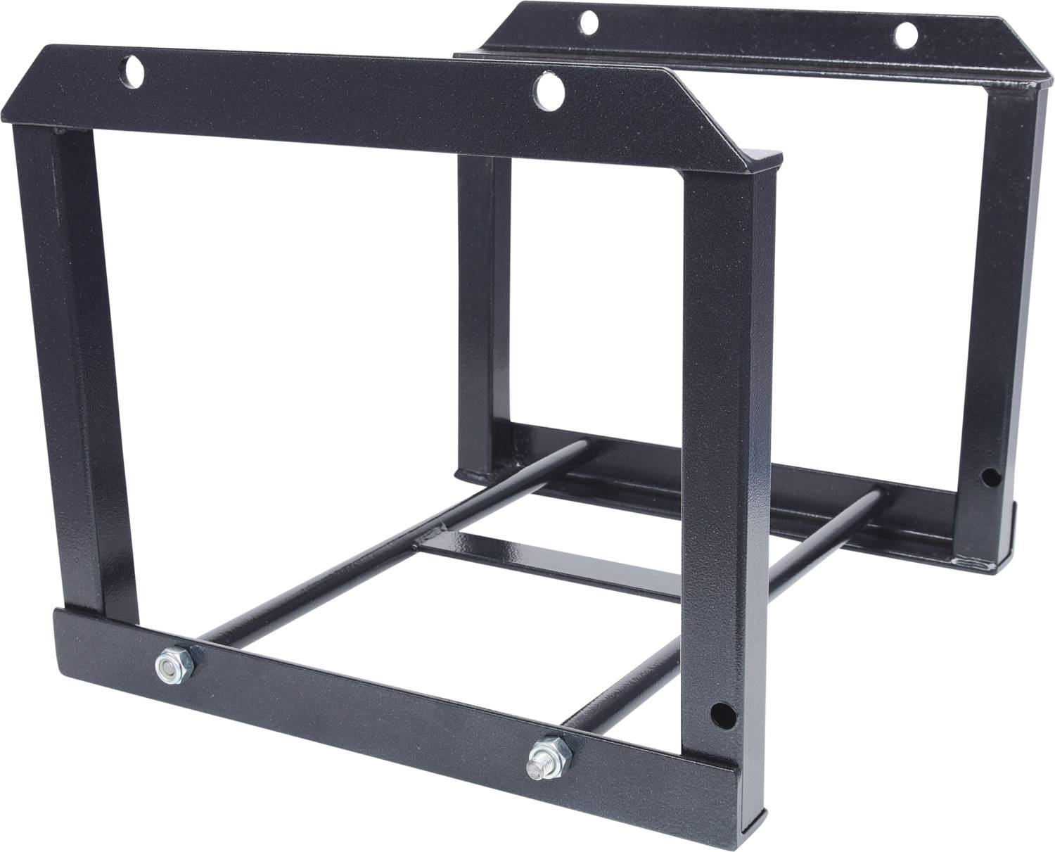 Dwa czarne metalowe ramy, równoległe do siebie, połączone poziomymi prętami. Prawdopodobnie nadają się jako wspornik lub stelaż montażowy.