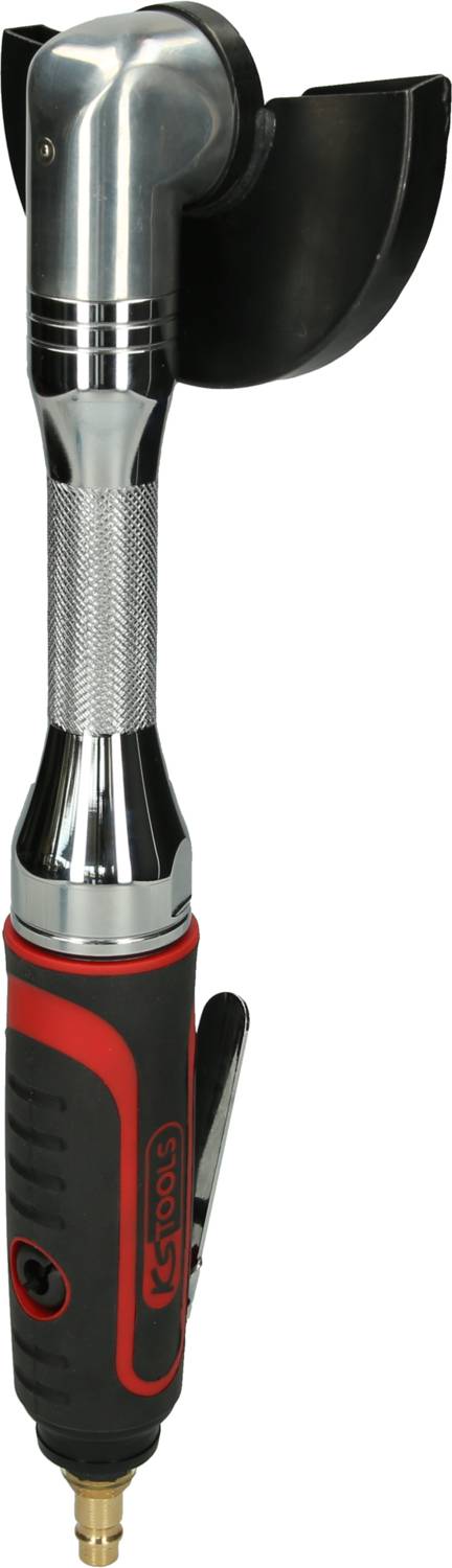 Pneumatyczne narzędzie z czerwonym i czarnym uchwytem, metalową głowicą i osłoną ochronną. Używane do prac szlifierskich lub polerskich.