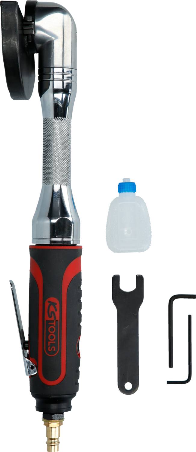 'Szlifierka pneumatyczna z akcesoriami: szlifierka, mały pojemnik, klucz płaski i dwa klucze imbusowe.'