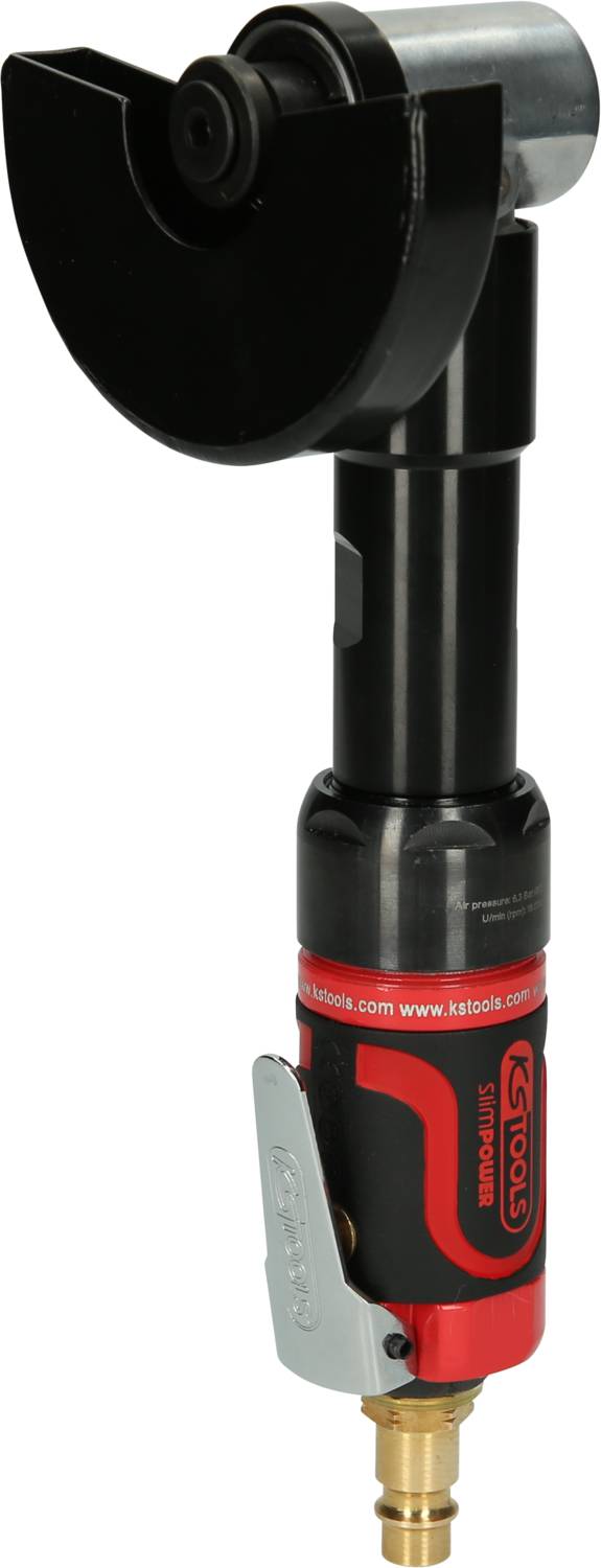 Pneumatyczne narzędzie do precyzyjnego cięcia, w kolorach czarnym i czerwonym, z ergonomicznym uchwytem i osłoną ochronną.