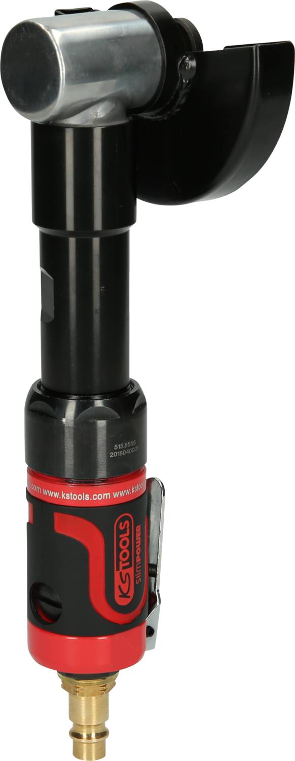 Pneumatyczna szlifierka kątowa z obudową w kolorze czerwonym i czarnym, srebrną głowicą i osłoną ochronną, przydatna do prac szlifierskich w ciasnych przestrzeniach.