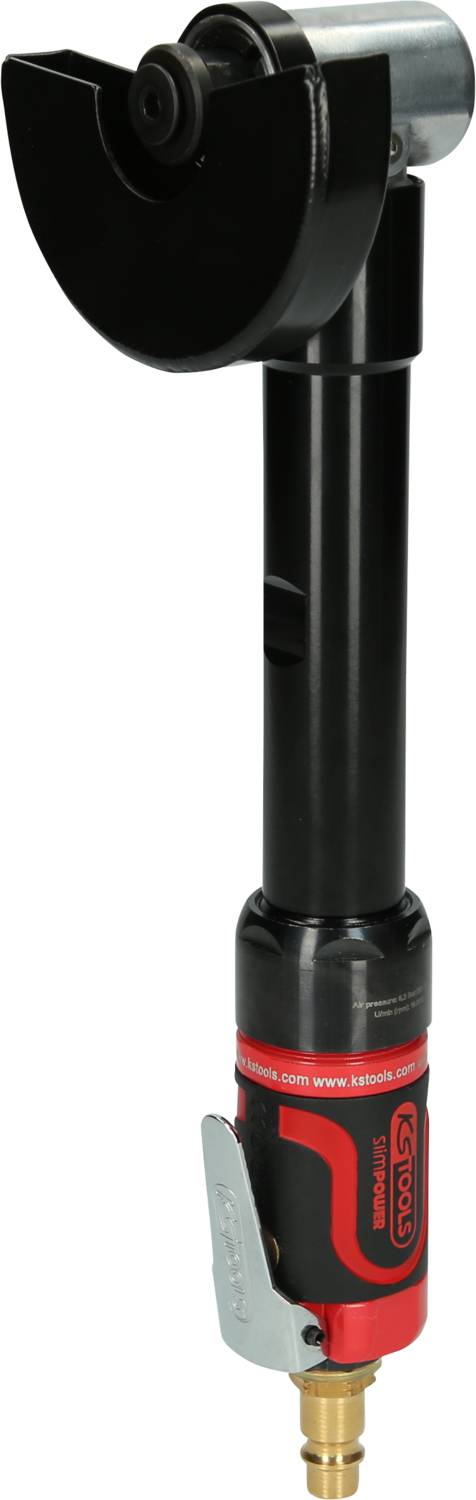 Pneumatyczna szlifierka o czarno-czerwonej obudowie, przeznaczona do precyzyjnego szlifowania i wykańczania powierzchni w warsztatach.