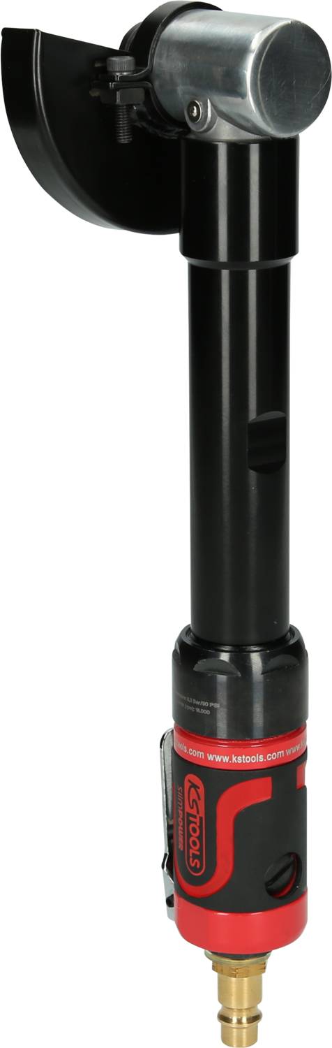 Pneumatyczna szlifierka kątowa z czarną osłoną i czerwoną obudową, odpowiednia do prac szlifierskich w ciasnych przestrzeniach.