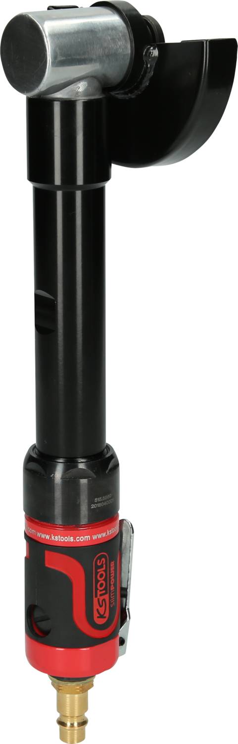 Czerwono-czarna pneumatyczna szlifierka kątowa z osłoną ochronną i dyszą przyłączeniową, używana do szlifowania i polerowania elementów.