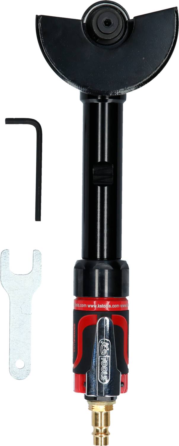 Czarna i czerwona pneumatyczna szlifierka z kluczem imbusowym i kluczem płaskim do polerowania powierzchni.