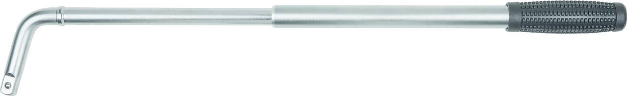 Srebrny klucz dynamometryczny z głowicą w kształcie litery L i czarnym, strukturalnie żebrowanym uchwytem.