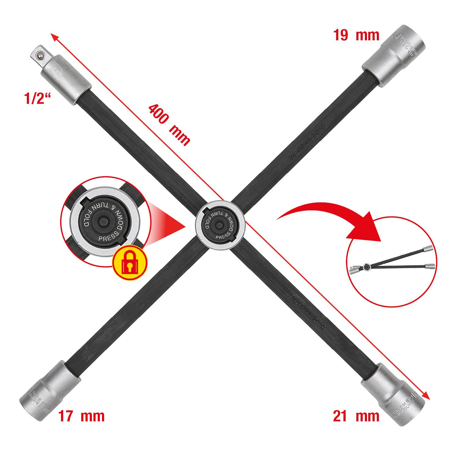 Klucz krzyżowy z czterema rozmiarami nasadek (17 mm, 19 mm, 21 mm, 1/2 cala), długość 400 mm, z blokadą bezpieczeństwa, czerwona strzałka wskazuje instrukcję obsługi.