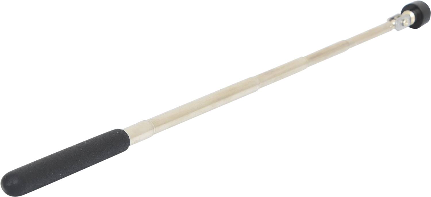 Wyciągany pręt magnetyczny z czarnym uchwytem, przeznaczony do podnoszenia metalowych elementów w trudno dostępnych miejscach.