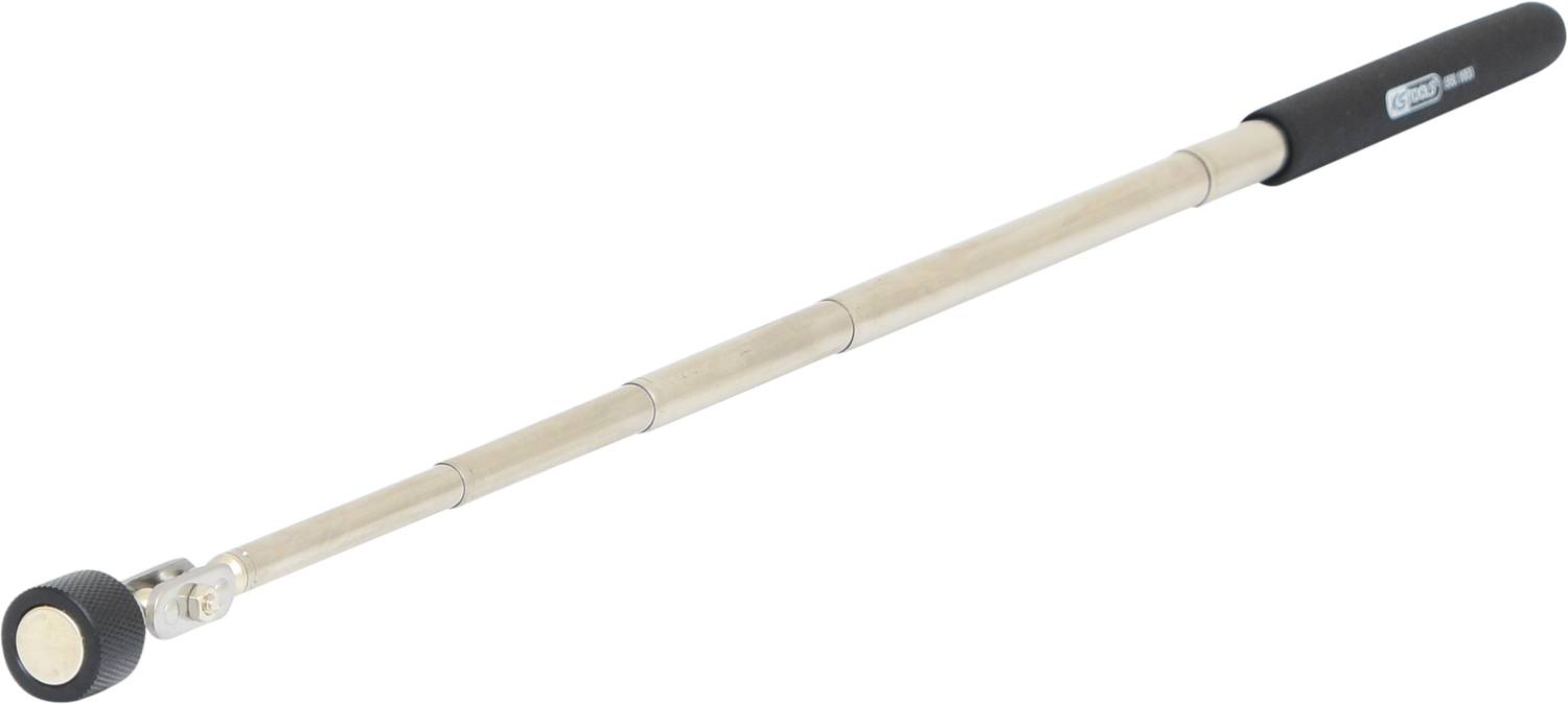 Teleskop-Magnetheber z czarnym uchwytem i wysuwanym metalowym prętem. Odpowiedni do podnoszenia małych metalowych obiektów w trudno dostępnych miejscach.