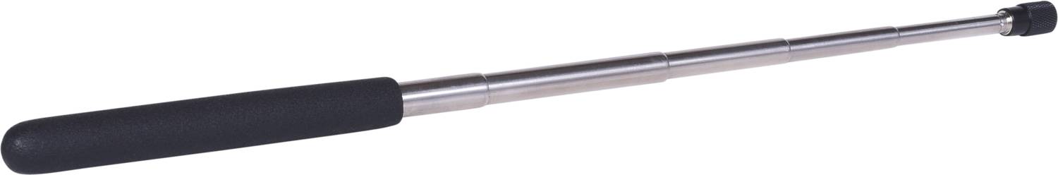 Wysuwany kij teleskopowy z czarnym uchwytem i metalową obudową, sfotografowany na białym tle.