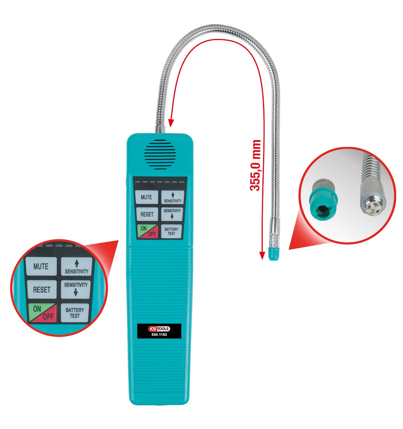 Ręczne urządzenie do wykrywania nieszczelności, niebieskie, z elastyczną szyją. Wyświetlacz: Wyciszenie, Reset, Czułość, Włącz/Wyłącz, Test baterii. Długość: 355 mm.