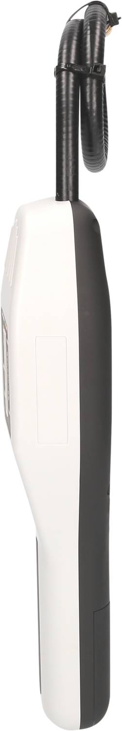 Urządzenie do pomiaru wilgotności powietrza i temperatury, w kolorach czarno-białych, z długim sensorem. Widok z boku ukazuje kompaktową budowę.