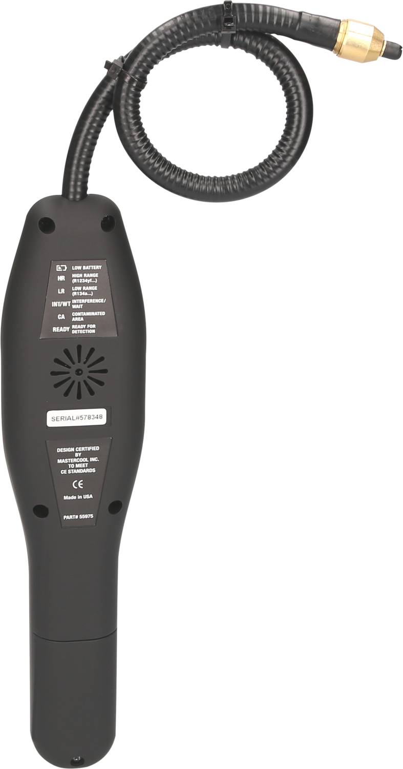 Czarny detektor wycieków gazu z elastyczną szyją i sondą pomiarową. Wskaźniki stanu baterii i stężenia gazu są widoczne z tyłu urządzenia.