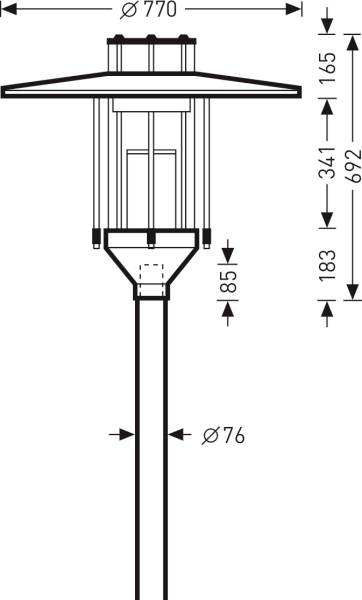Rysunek techniczny latarni ulicznej z wymiarami w milimetrach: wysokość 1851 mm, Ø770 mm u góry, Ø76 mm u dołu.