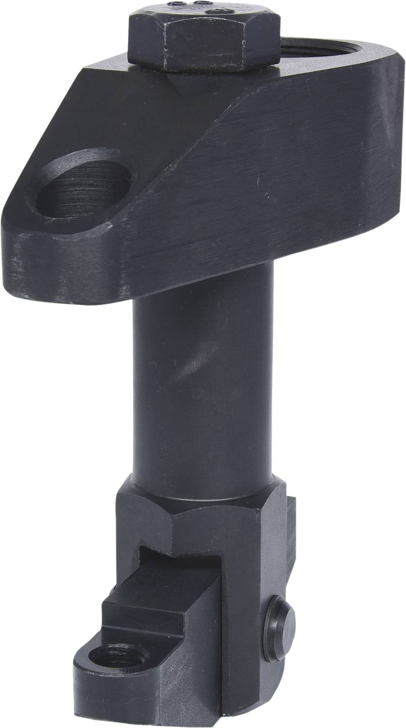 Czarny element metalowy, ułożony pionowo, o korpusie cylindrycznym i prostokątnym uchwycie, prawdopodobnie część maszyny.