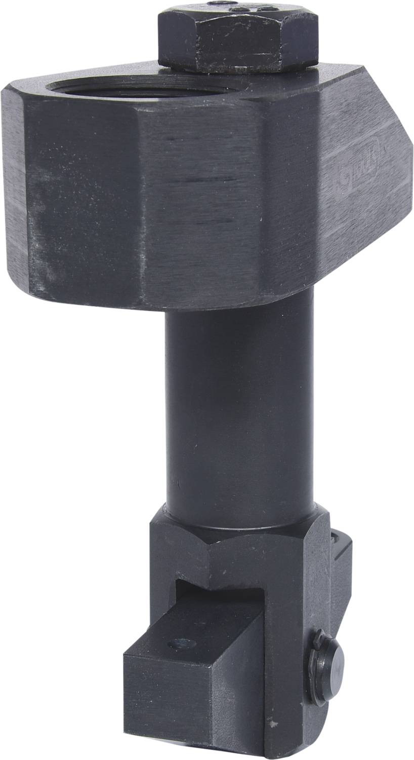 Czarne metalowe narzędzie zaciskowe z cylindrem pośrodku i mechanizmem mocującym u dołu. Używane do mocowania i unieruchamiania obiektów.