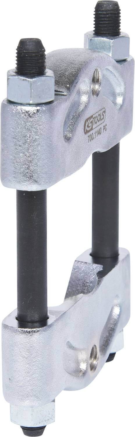 Ściągacz do łożysk i kół zębatych wykonany z srebrnego metalu, z dwiema czarnymi śrubami i logo GS Tools na wierzchu.