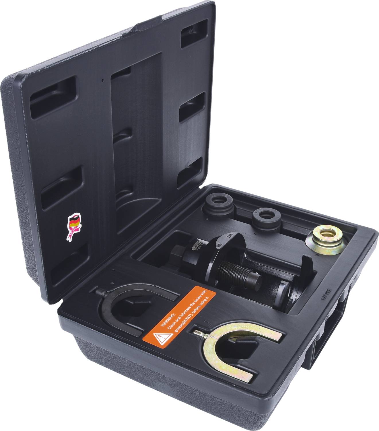 Otwarty czarny kufer z narzędziami prezentuje wyspecjalizowane narzędzia montażowe do napraw samochodowych, w tym adaptery i śruby.