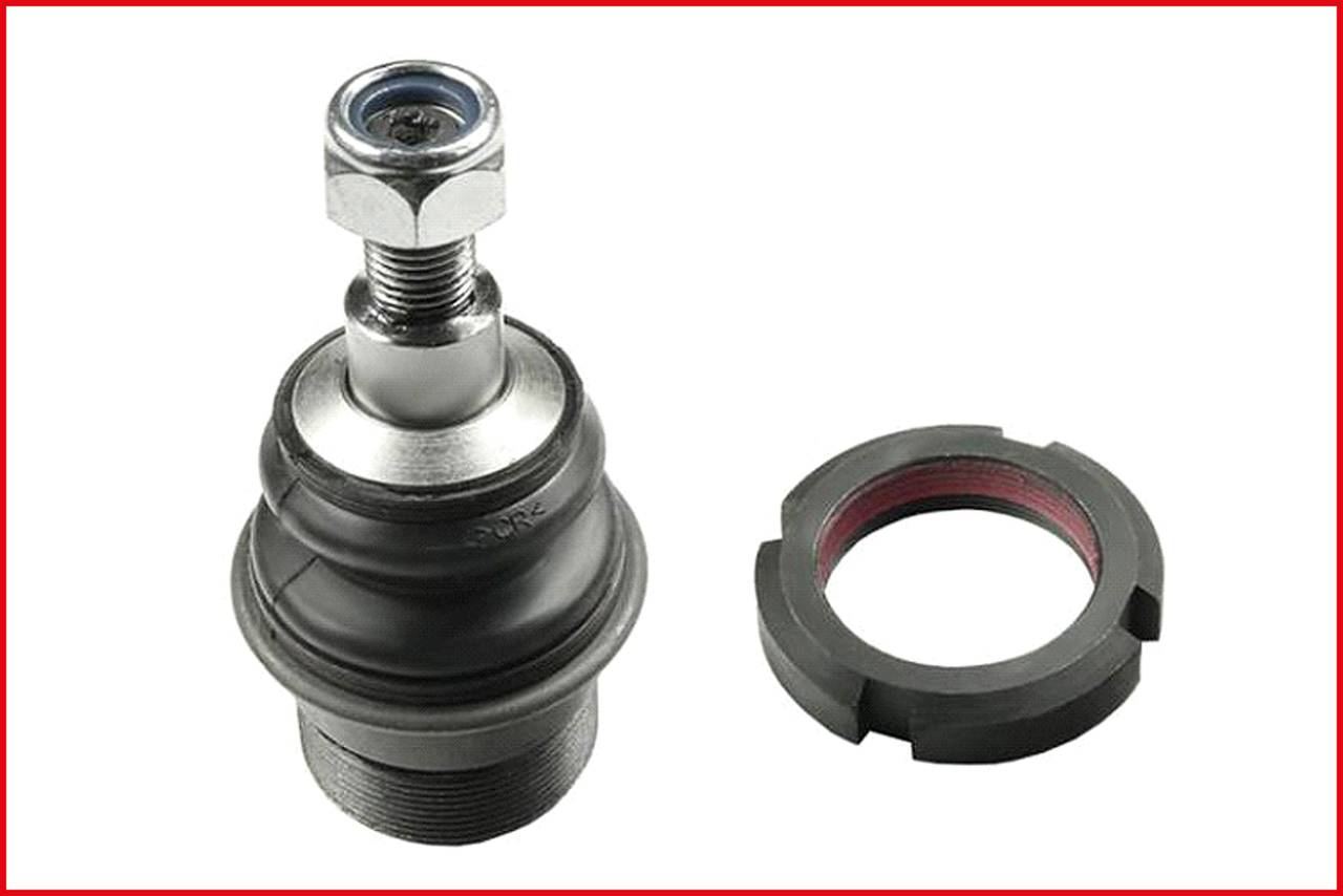 Przegub kulowy i pierścień zabezpieczający na białym tle. Przegub kulowy składa się z elementów metalowych i gumowych i służy jako element łączący.