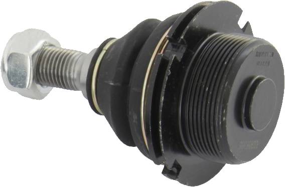 Czarna, cylindryczna część samochodowa z gwintem i trzpieniem. Prawdopodobnie sworzeń kulisty do zawieszenia lub układu kierowniczego pojazdu.