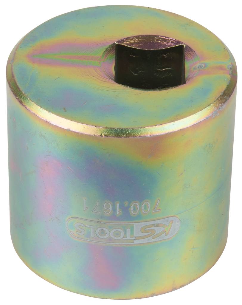 Metalowe cylindryczne narzędzie z wewnętrznym gniazdem sześciokątnym, pokryte powłoką iryzującą, z grawerem: 'KS TOOLS'.