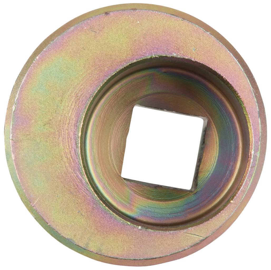 Okrągły metalowy element z tęczowym refleksem, kwadratowe wycięcie pośrodku, prawdopodobnie adapter lub element łączący.