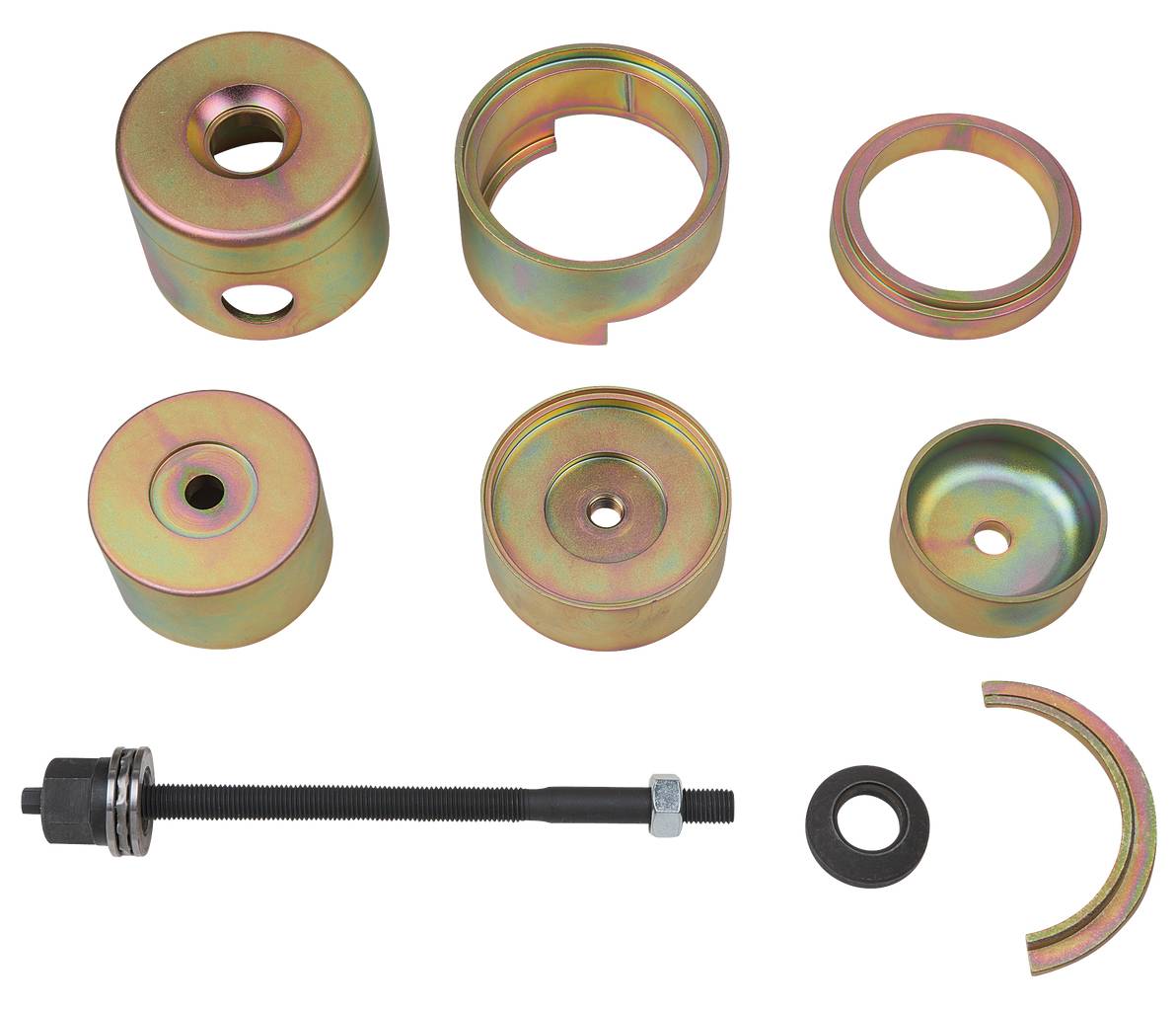 Zestaw narzędzi do naprawy samochodów składający się z różnych elementów metalowych w kolorze złotym oraz urządzenia do dokręcania śrub, stosowany podczas konserwacji pojazdów.
