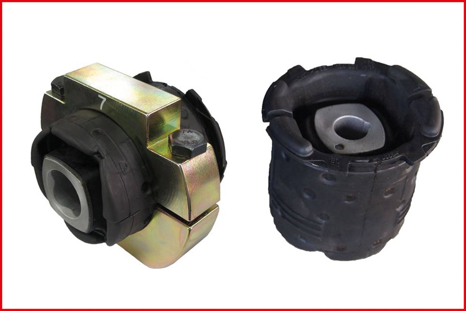 Dwie czarne gumowe tuleje, po lewej stronie z metalową ramą, po prawej bez ramy, na białym tle. Służą one tłumieniu drgań w pojazdach.