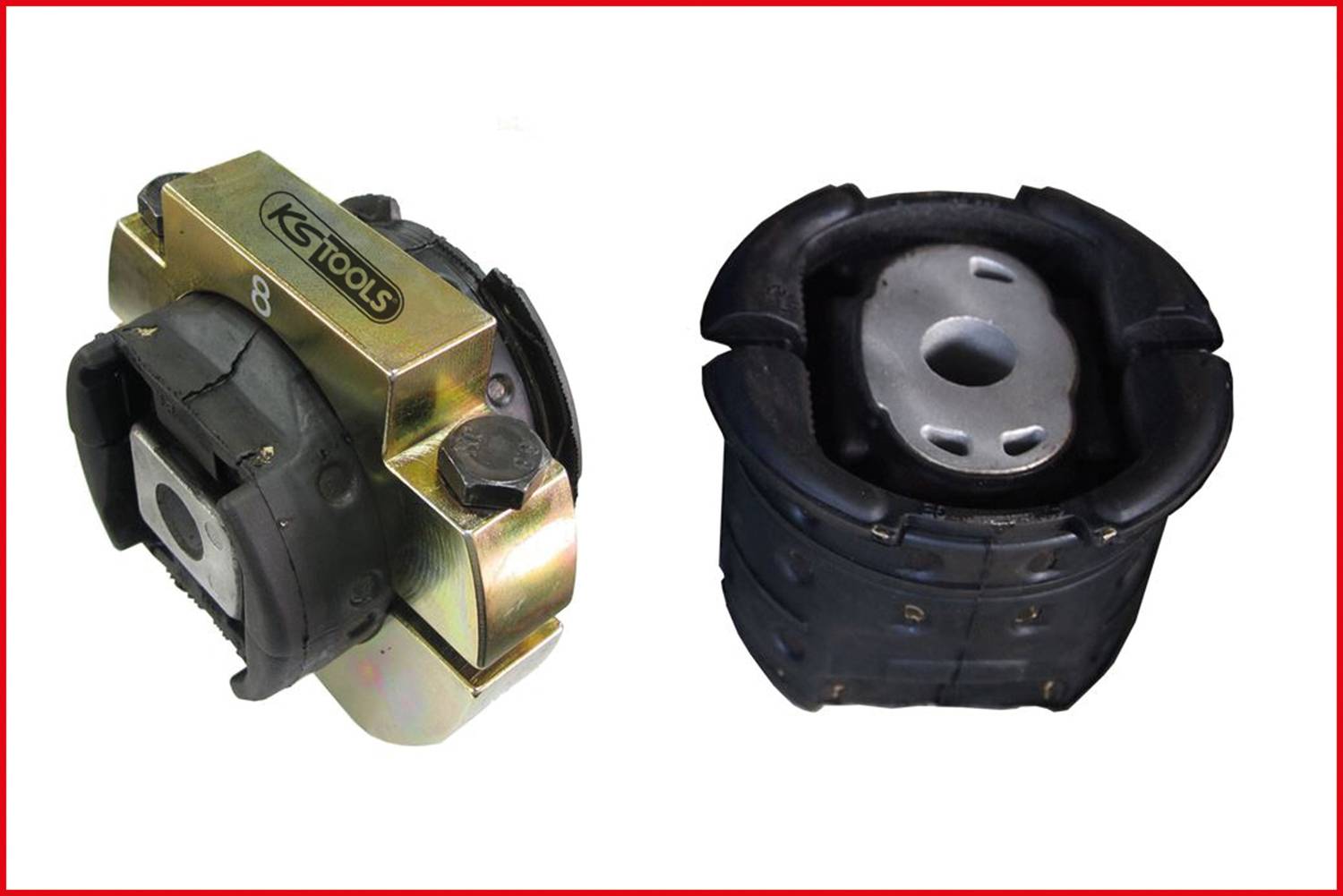 Narzędzie 'KS Tools' do cięcia rur, prezentujące precyzyjną obróbkę przewodów. Dwie perspektywy: widok z boku i z góry.