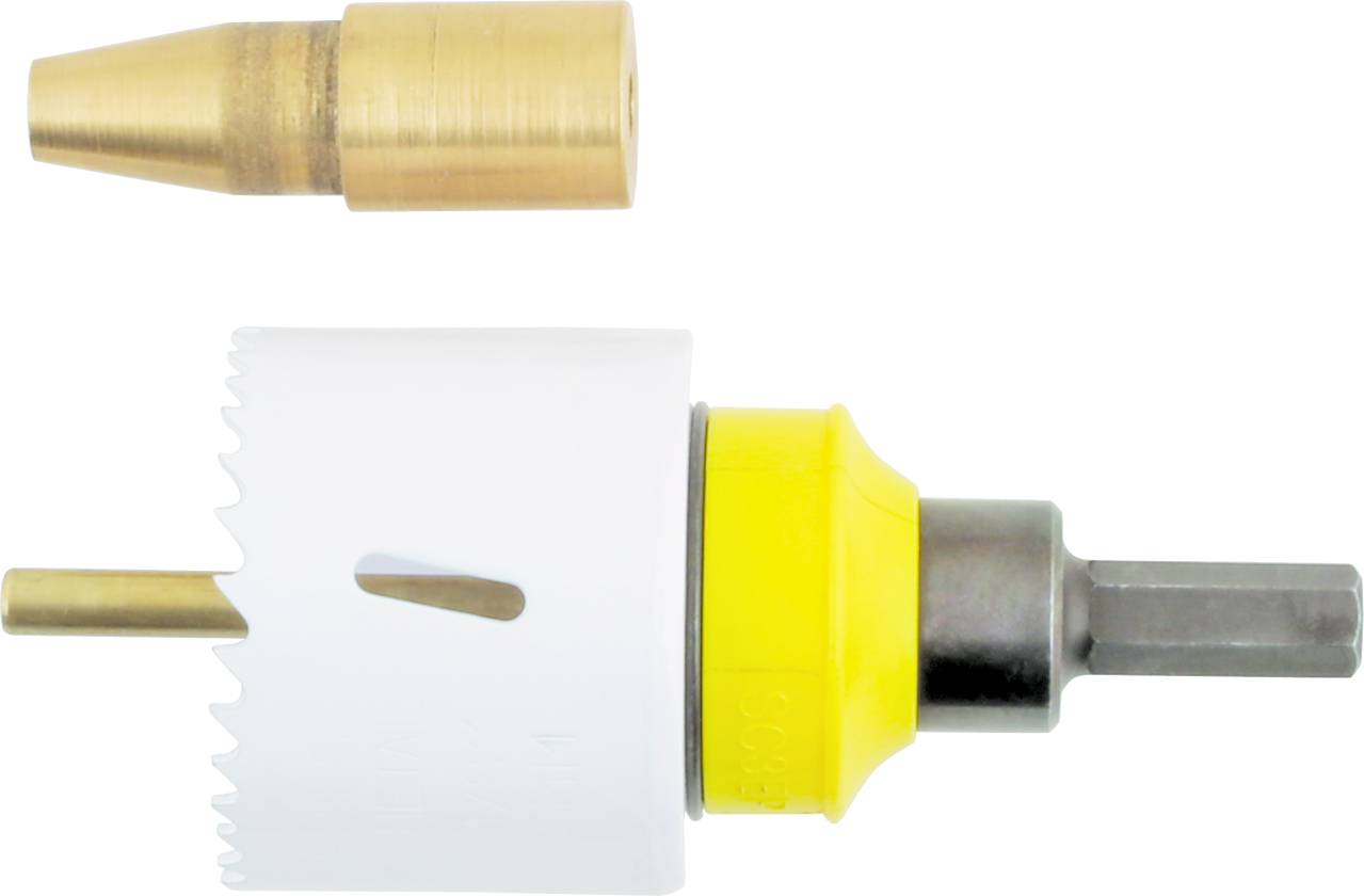 Zestaw piły otworowej z białym wieńcem tnącym i żółtym adapterem, obok złoty adapter wiertarski. Narzędzie do obróbki materiałów.