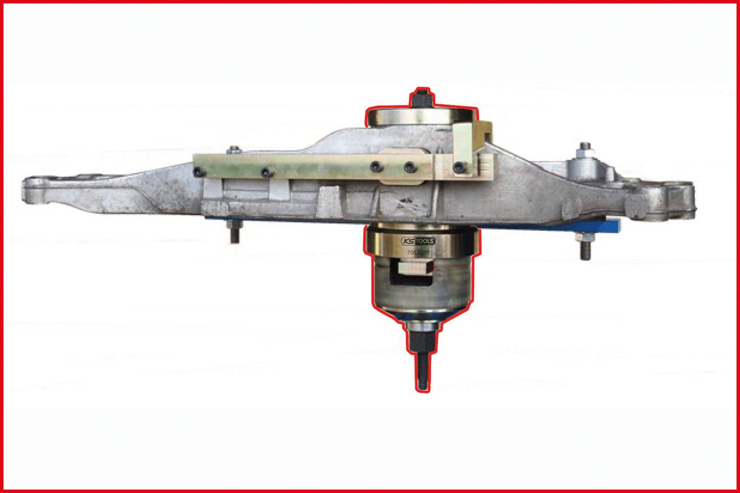 'Elektryczny moduł napędowy pojazdu w widoku bocznym, prezentujący komponenty mechaniczne i punkty mocowania.'