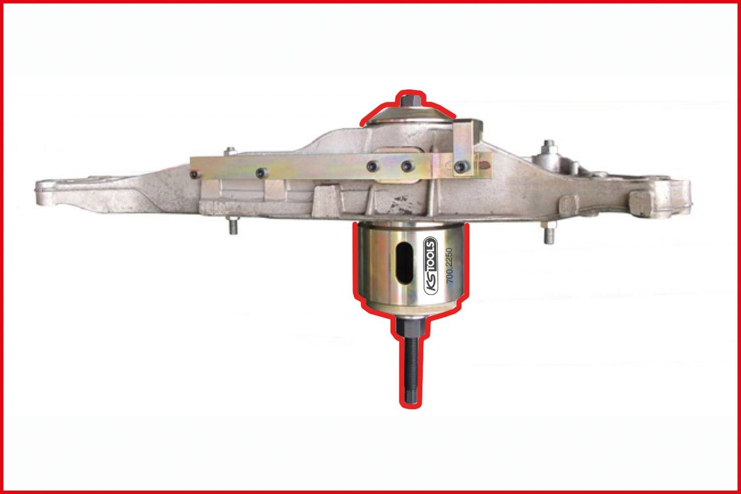 Ściągacz do demontażu elementów łożysk, konstrukcja metalowa z centralnym wrzecionem i ramionami bocznymi, widoczne oznaczenie producenta.