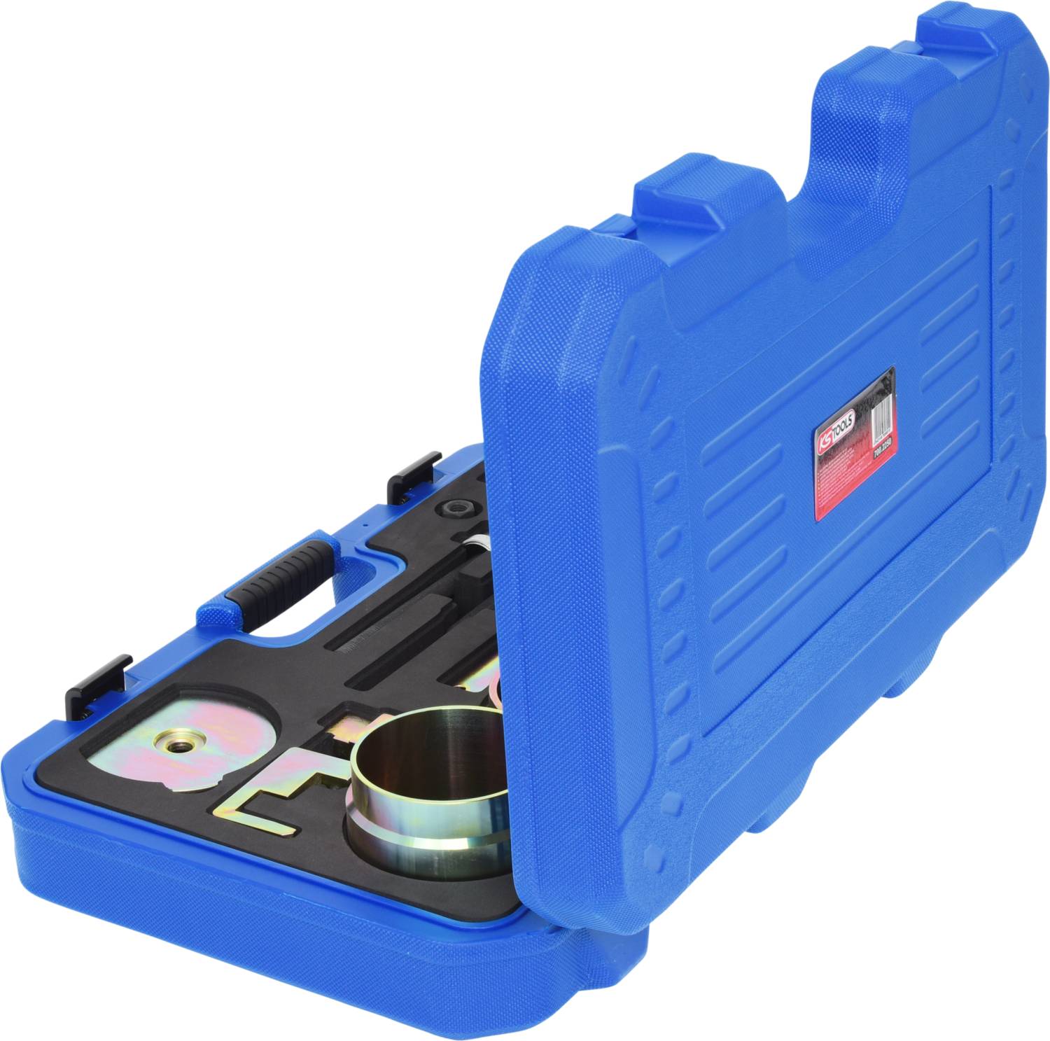 Niebieska skrzynka narzędziowa, częściowo otwarta, prezentuje różne metalowe części i narzędzia używane do napraw samochodowych.