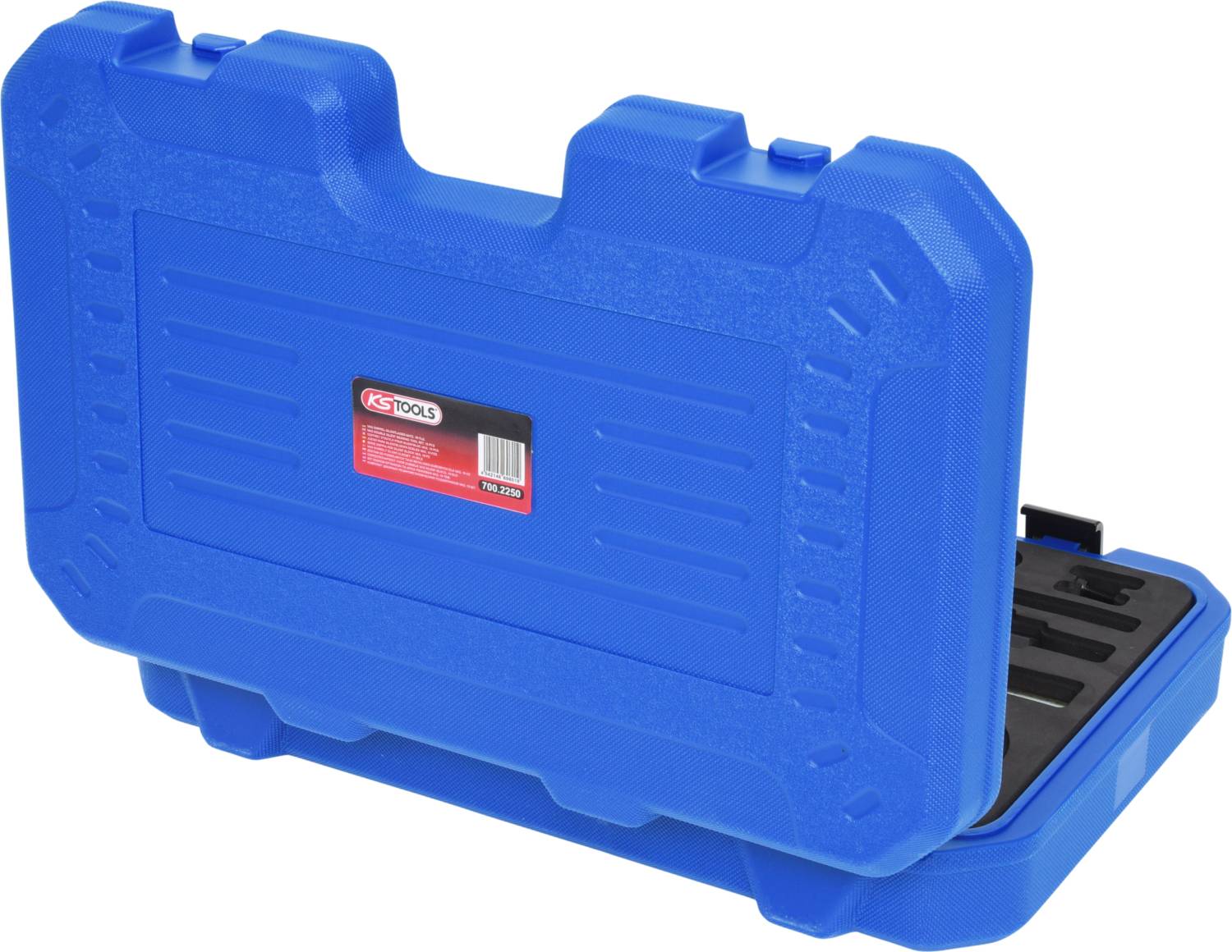 Niebieski plastikowy kufer na narzędzia z uchwytem na górze. Kufer jest częściowo otwarty, ukazując kilka przegródek wewnątrz.