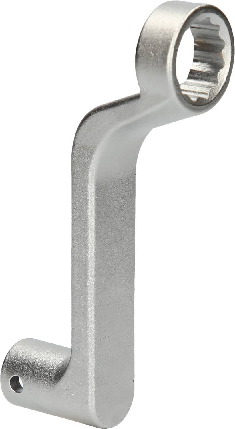 Srebrny, zakrzywiony klucz nastawny z jednym otwartym końcem i okrągłym, ząbkowanym otworem uchwytu.