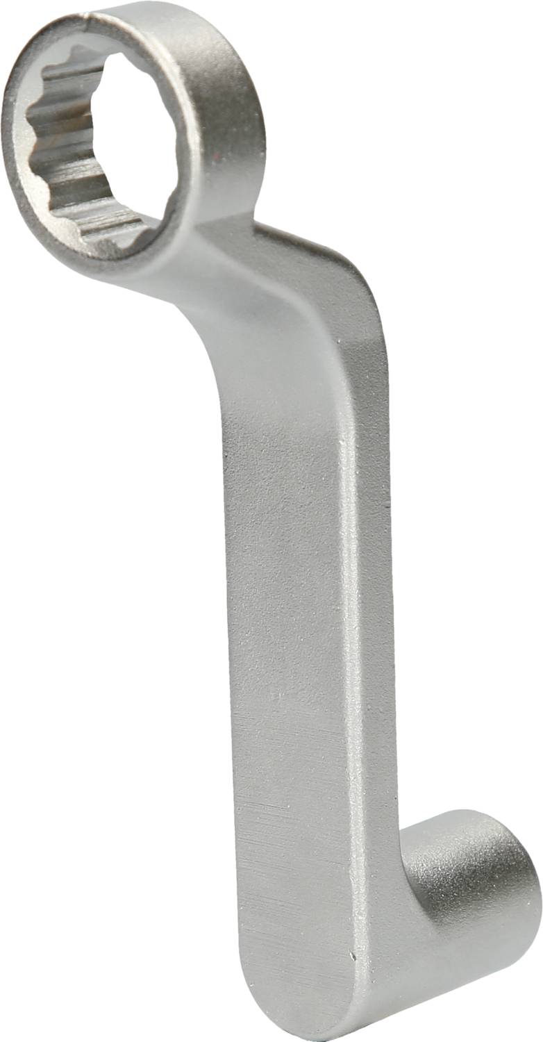 Srebrny klucz nastawny z zagiętą rękojeścią i zamkniętym, żebrowanym końcem do specjalnego zastosowania.