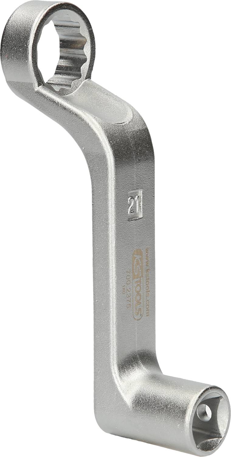 Srebrny klucz pierścieniowy z wygiętą rączką i specjalnym designem kątowym. Przeznaczony głównie do odkręcania lub dokręcania śrub.