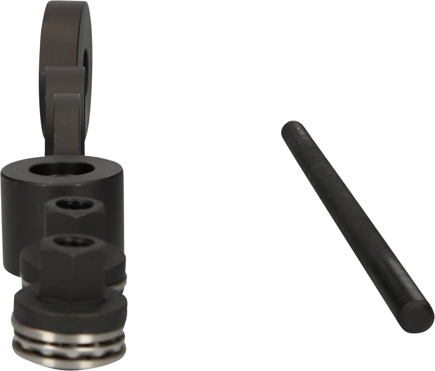 Zestaw narzędzi składający się z trzech metalowych elementów: śruby gwintowanej o kształcie cylindrycznym, aparatury z krążkiem oraz długiego, żebrowanego pręta.