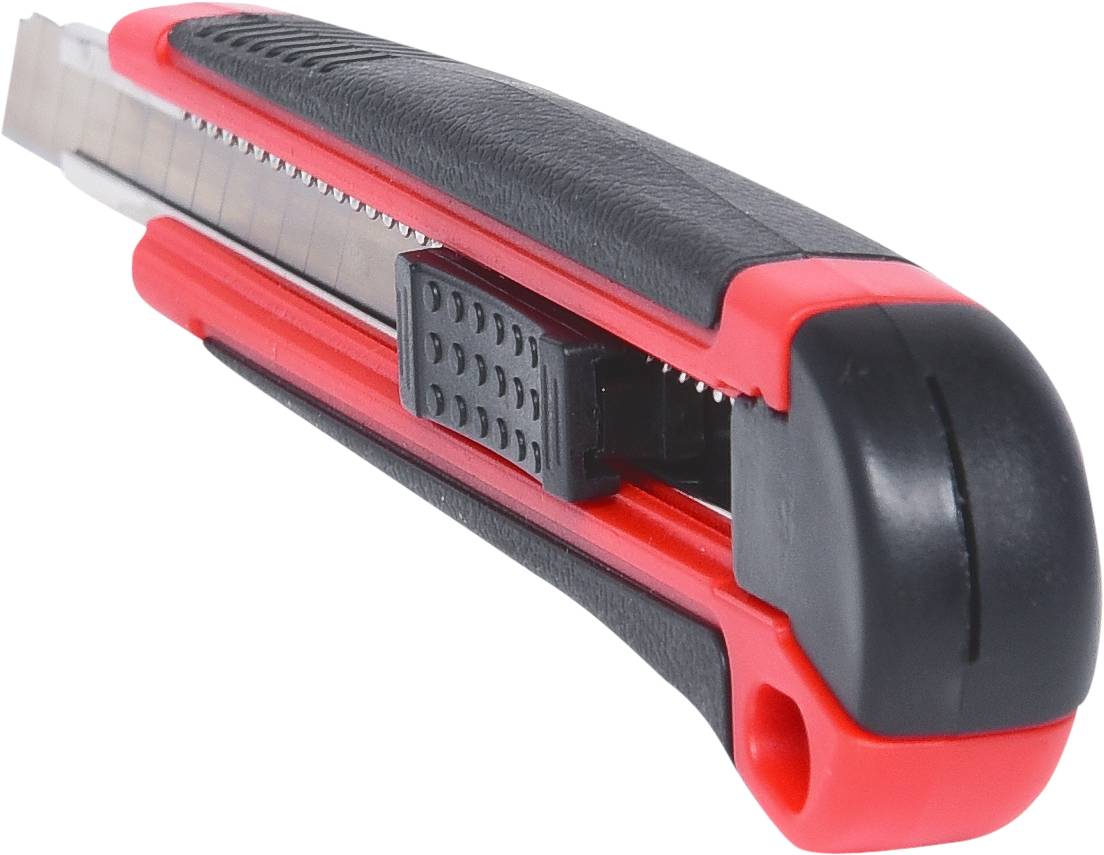 Czarny i czerwony nóż do dywanów z wysuwającym się ostrzem. Posiada czarną rękojeść z tworzywa sztucznego i przesuwnik do regulacji długości ostrza.
