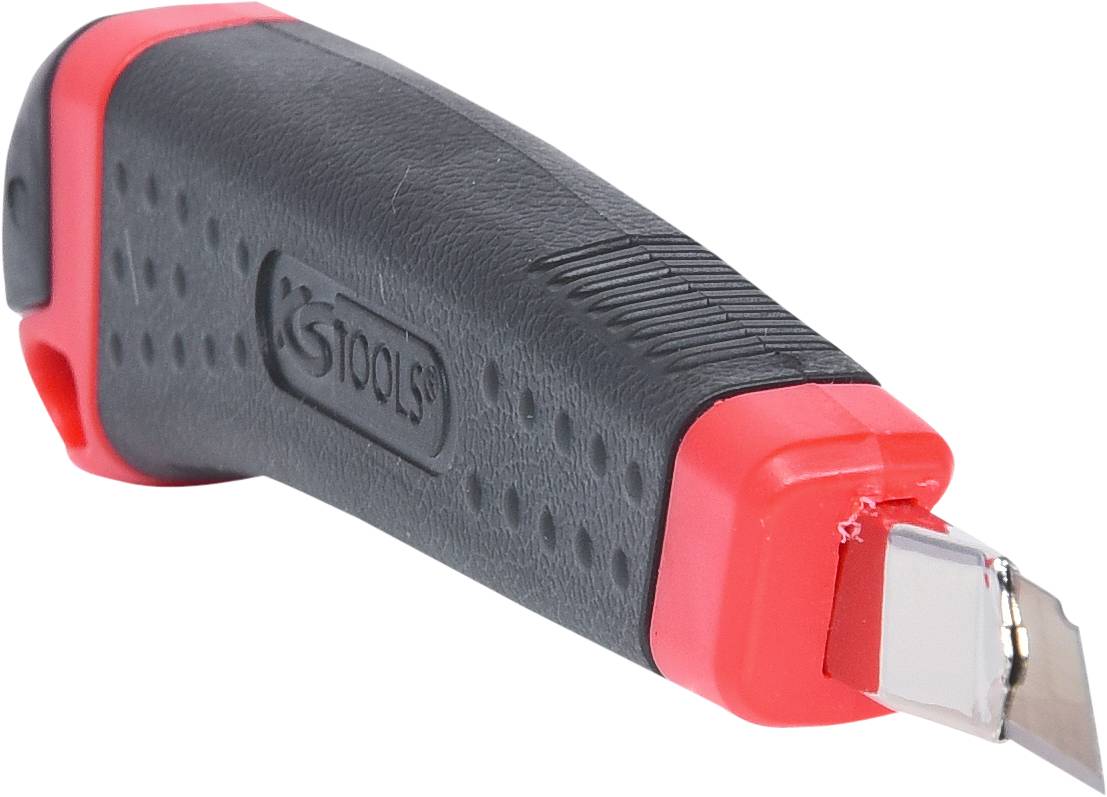 Czarny uchwyt z czerwonymi akcentami narzędzia tnącego, z ostrzem wystającym z przedniej części uchwytu.