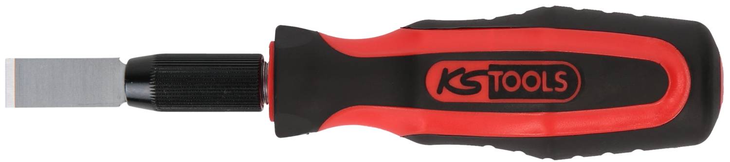 Wkrętak z uchwytem w czarno-czerwonym kolorze i ostrzem. Logo 'KS TOOLS' jest widoczne na boku uchwytu.