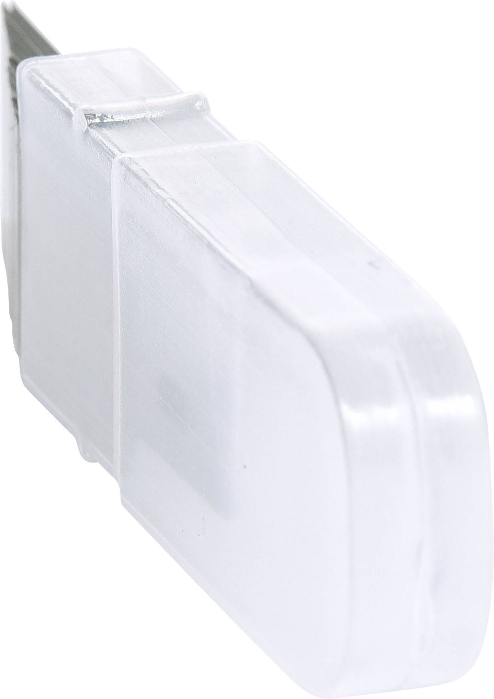 Przezroczysty pojemnik z tworzywa sztucznego z zamykaną klapką, przeznaczony prawdopodobnie do przechowywania małych przedmiotów.