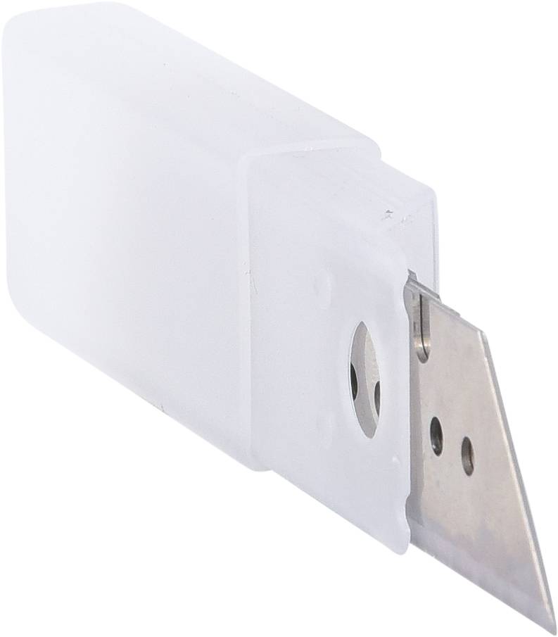 Prostokątny nóż metalowy z plastikową osłoną ostrza, częściowo przezroczystą, bezpieczny do przechowywania lub transportu.