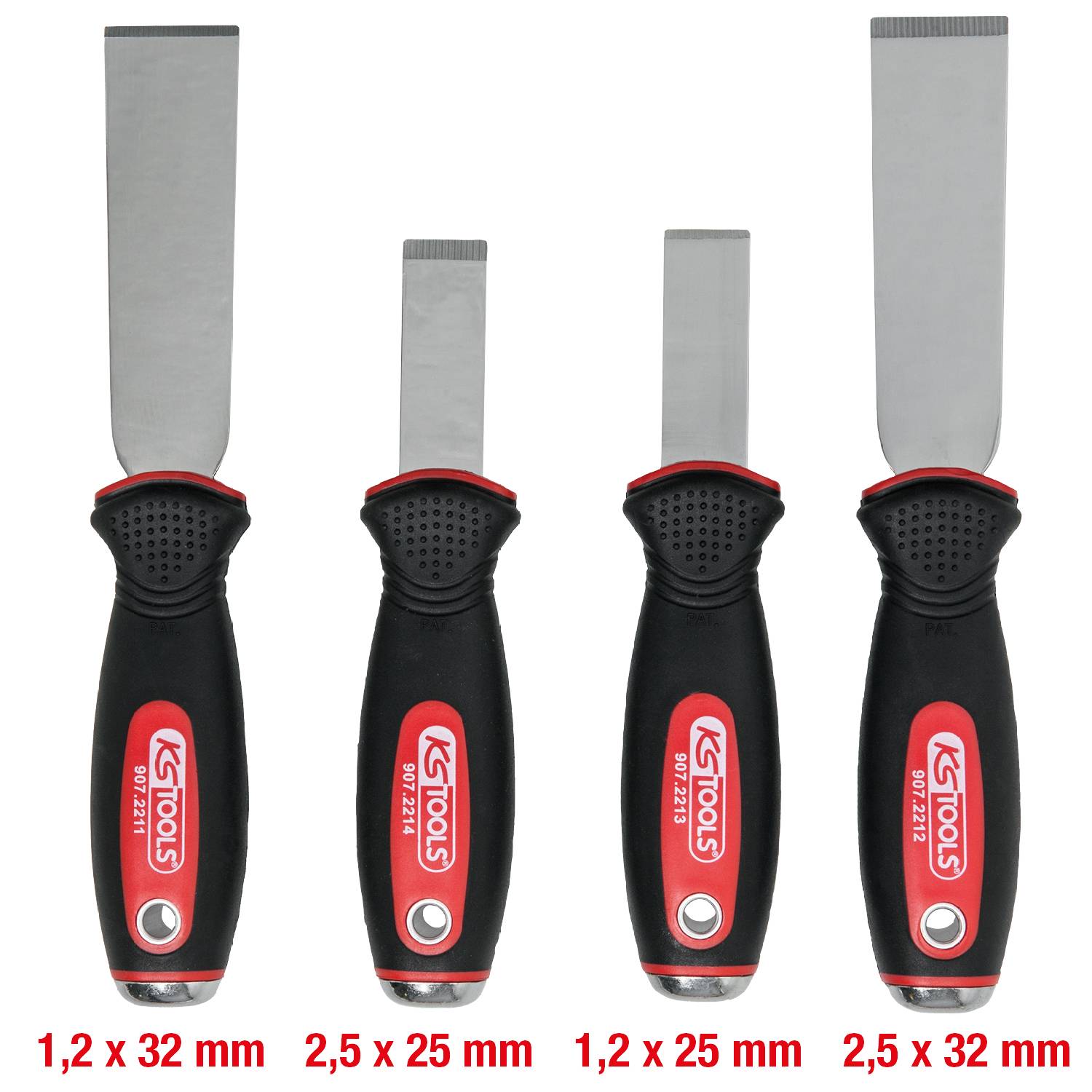 Zestaw czterech dłut płaskich z czerwonymi i czarnymi uchwytami. Wymiary: 1,2 x 32 mm, 2,5 x 25 mm, 1,2 x 25 mm, 2,5 x 32 mm.