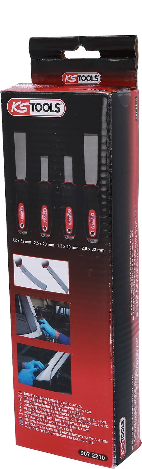 Opakowanie zawierające cztery dłuta (przecinaki) KS Tools o różnych rozmiarach. Zawiera ilustracje przedstawiające sposób użycia narzędzi.