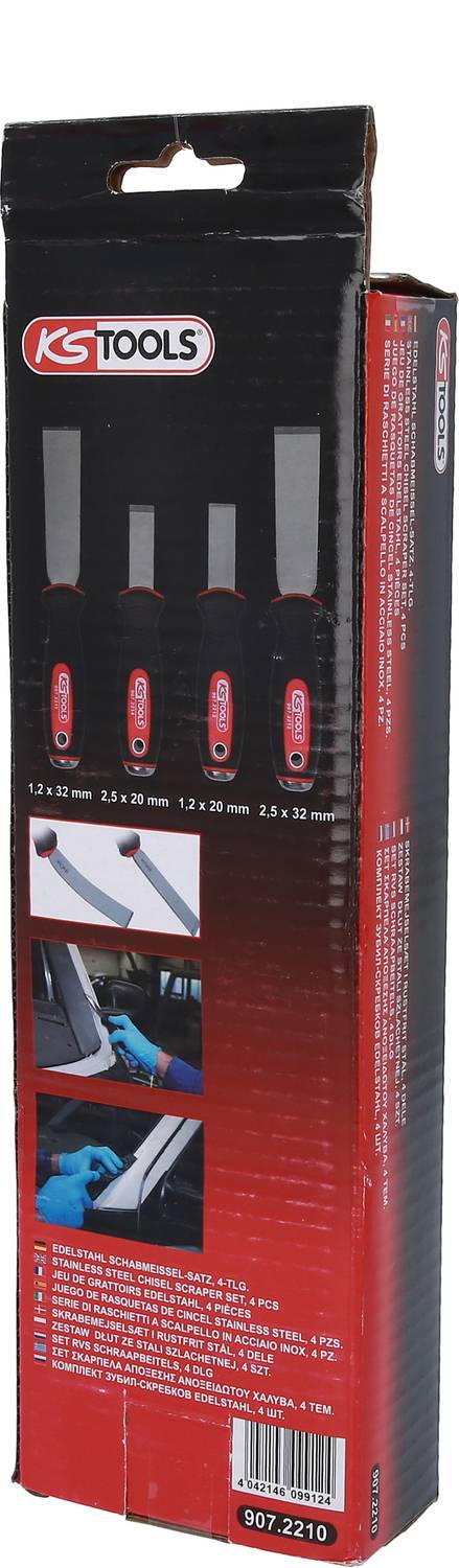 Opakowanie z czterema dłutami marki KS Tools, uchwyty w kolorze czerwono-czarnym. Zdjęcia prezentują sposób użycia narzędzi na materiale roboczym.