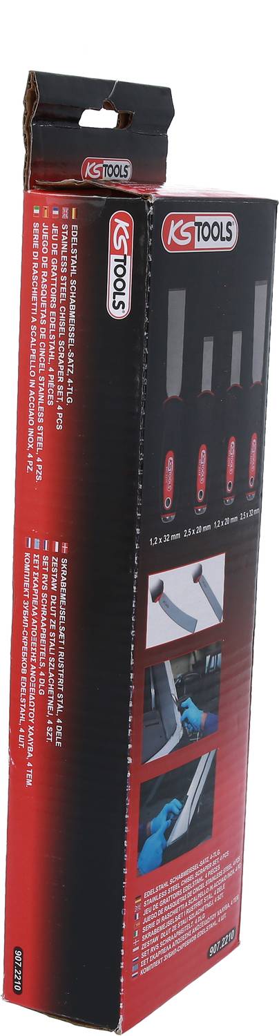 Opakowanie produktu KS Tools z ilustracjami narzędzi i przykładami zastosowań. Projekt utrzymany głównie w kolorach czerwonym i czarnym.