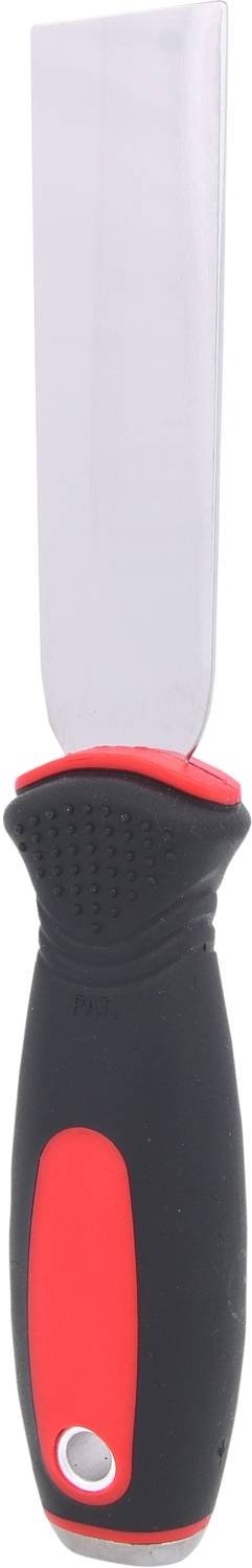 Paca z szeroką metalową płaszczyzną i ergonomicznym uchwytem w kolorach czarnym i czerwonym, odpowiednia do prac malarskich lub budowlanych.